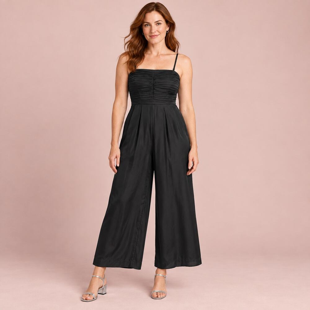Madewell Jumpsuit WMNS 6 Black Pleated Wide Leg Ruched Cupro Dark Romantic